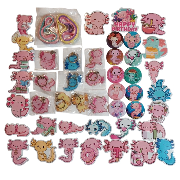 Axolotl Bundle Pack 10 Wrist Bands 10 Buttons 50 Stickers 10 Acrylic Key Chains - Picture 1 of 9